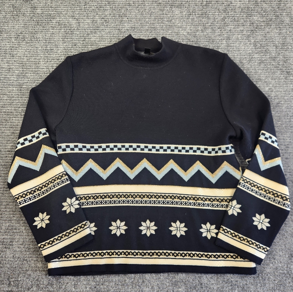St John Sport By Marie Black Sweater Womens Fair Isle Zip Shldr Designer Sz S